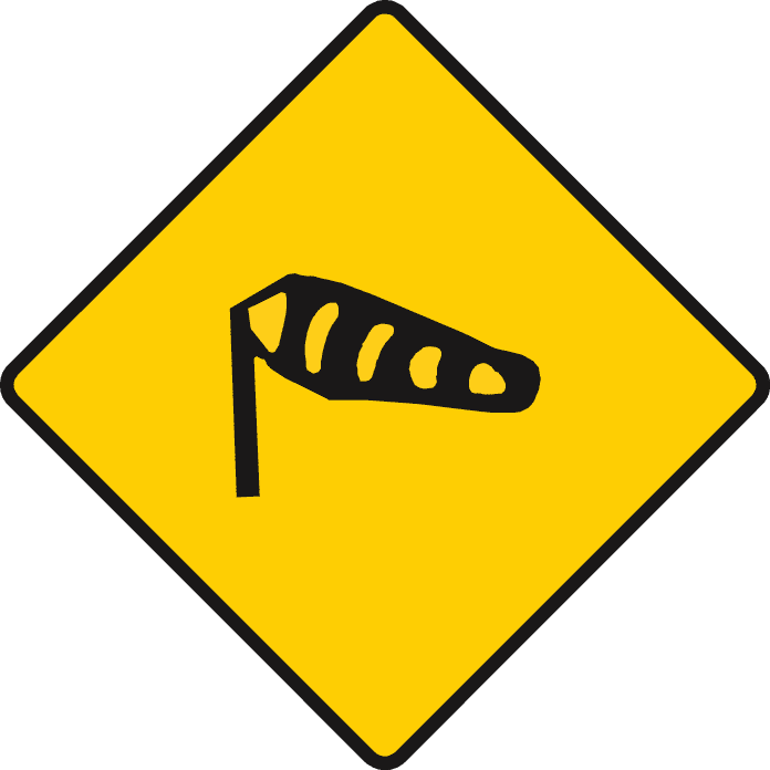 Yellow diamond containing a black windsock on a pole.