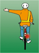 Cyclist viewed from behind with the left arm extended horizontally to the left.