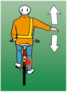 Cyclist viewed from behind with the right arm extended downward; white arrows beside the hand point up and down.
