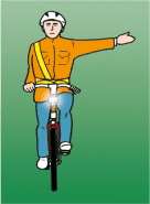 Cyclist facing the viewer with one arm extended horizontally toward the right of the image.