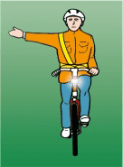 Cyclist facing the viewer with one arm extended horizontally toward the left of the image.