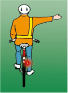 Cyclist viewed from behind with the right arm extended horizontally to the right.