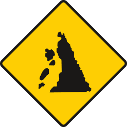 Yellow diamond containing a black cliff edge with several falling rock shapes.
