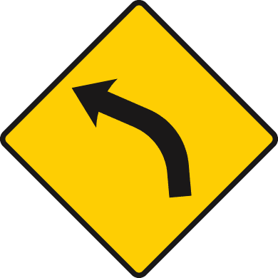 Yellow diamond with a thick black arrow curving left.