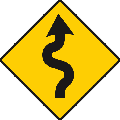 Yellow diamond with a thick black arrow following a winding vertical path.