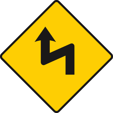 Yellow diamond with a black upward arrow following two sharp bends.
