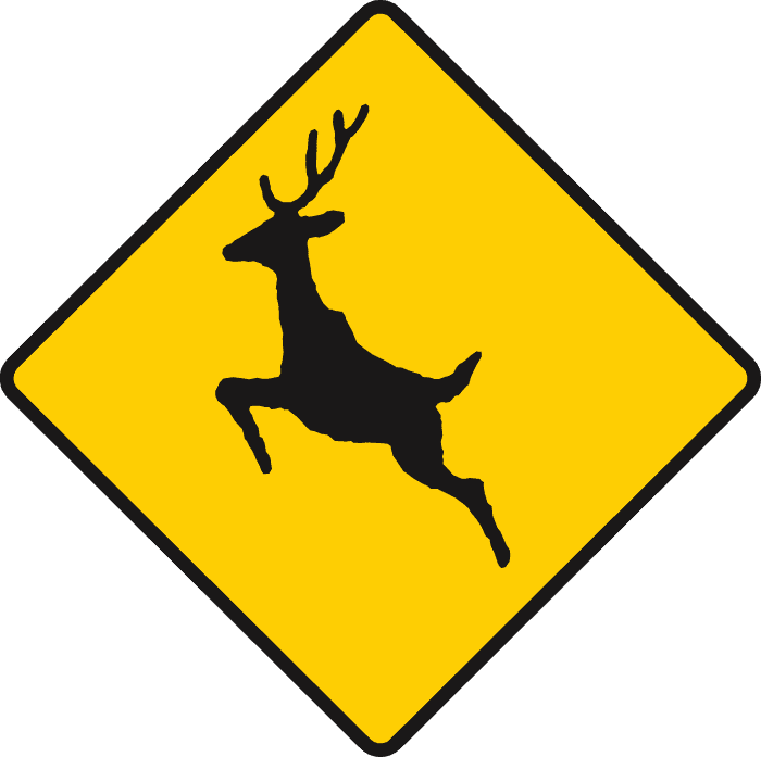 Yellow diamond containing a black leaping deer silhouette with antlers.