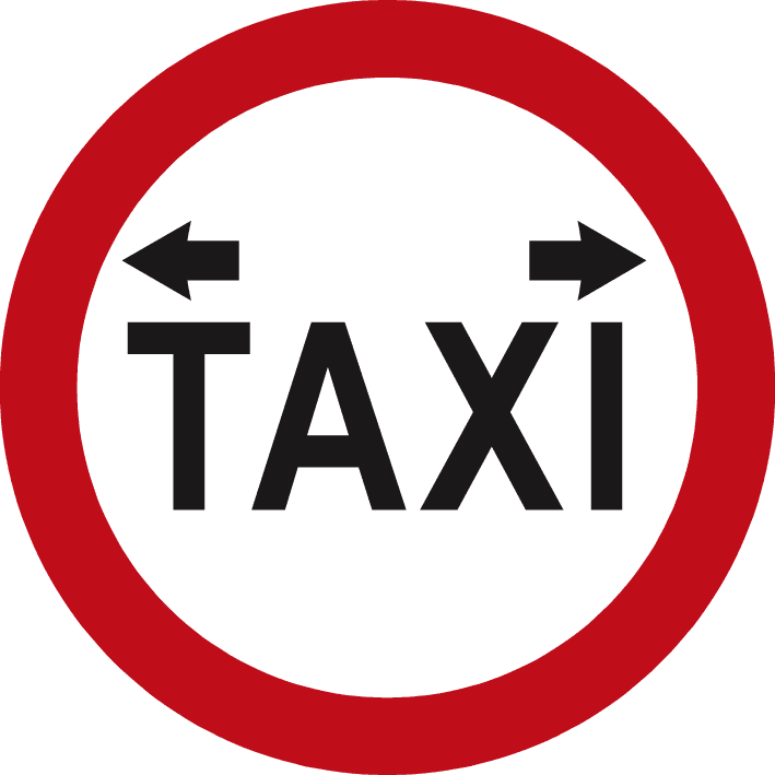 Red-bordered white circle with black TAXI text and small arrows pointing left and right.
