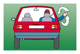 Rear view of a red car; the driver's arm extends from the right window with circular white arrows around the hand.