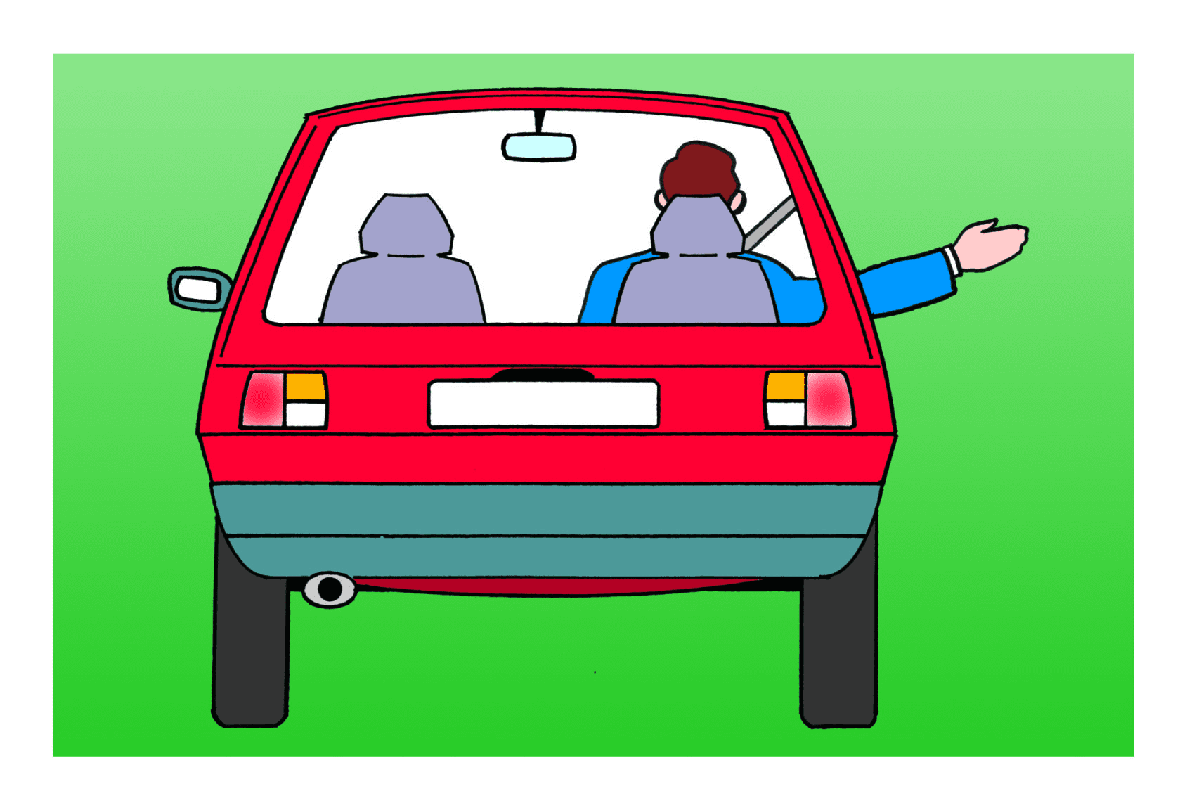 Rear view of a red car with the driver's arm extended horizontally out of the right window.