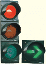 Traffic lights showing red, with an additional illuminated green right-pointing arrow beside the bottom lamp.