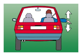 Rear view of a red car; the driver's arm extends from the right window with white up and down arrows beside the hand.