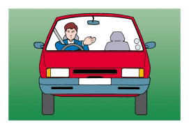Front view of a red car; the driver holds an arm across the body toward the passenger side.