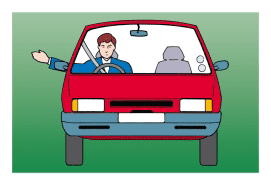 Front view of a red car with the driver's arm extended out of the window toward the left of the image.