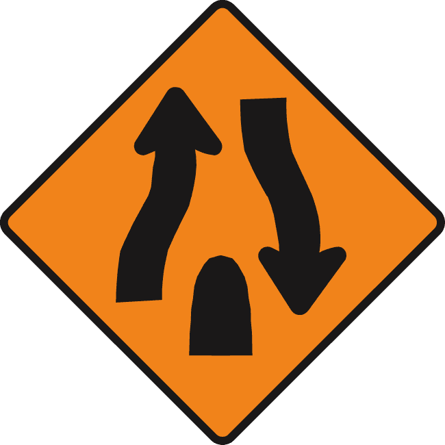 Orange diamond with an upward arrow on the left and a downward arrow on the right bending around a small central black shape.