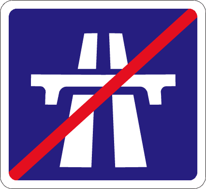 Blue square with a white divided-road and bridge symbol crossed by a red diagonal bar.
