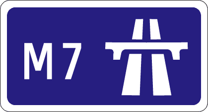 Blue rectangular sign with M7 and a white divided-road and bridge symbol.
