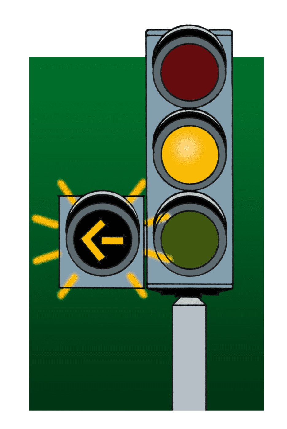 Traffic light with an illuminated amber lamp and a separate amber left-pointing arrow surrounded by radiating marks.