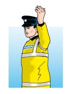 Side view of a Garda in a yellow jacket with one arm raised vertically, palm visible.