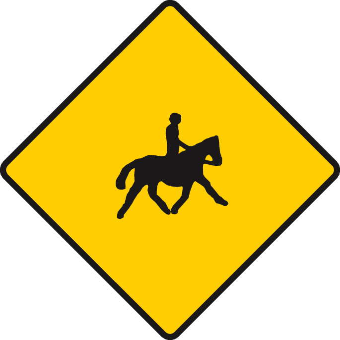 Yellow diamond containing a black horse and rider silhouette.