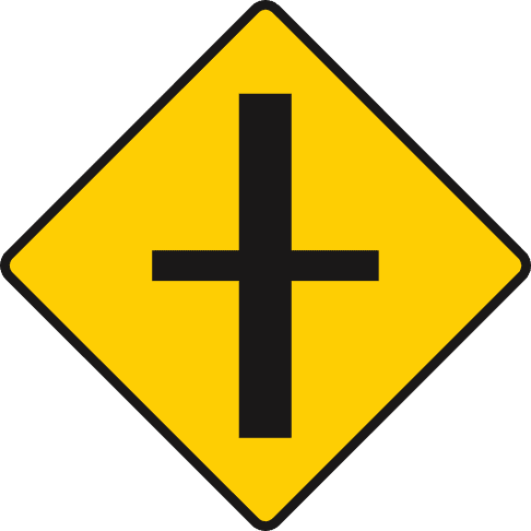 Yellow diamond with a thick black vertical bar crossed by a narrower horizontal bar.