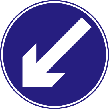 Blue circle containing a white arrow pointing diagonally down and left.