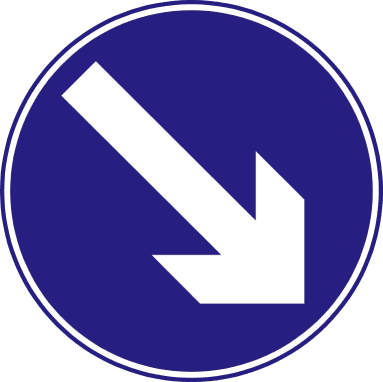 Blue circle containing a white arrow pointing diagonally down and right.