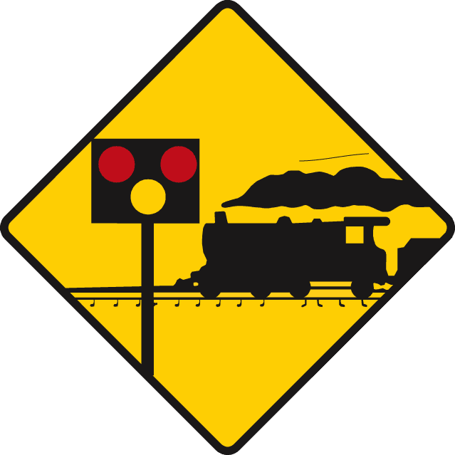 Yellow diamond containing a steam train, rails and a signal with red and yellow lamps.