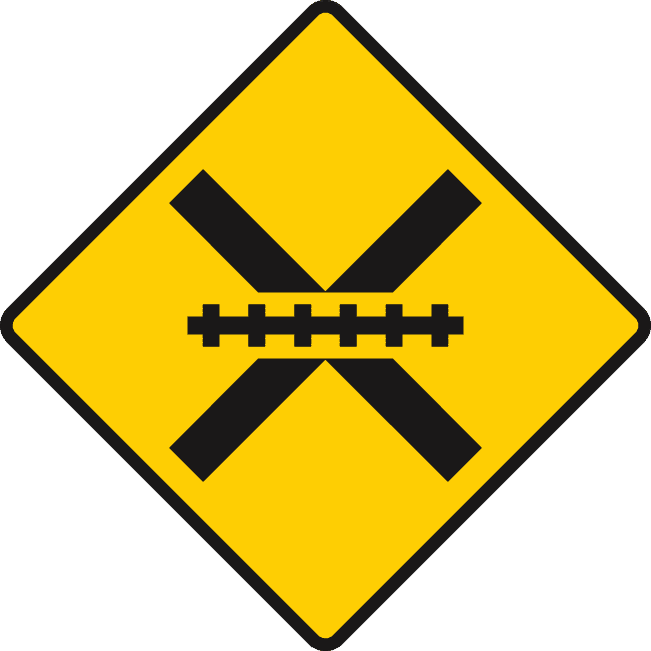Yellow diamond containing crossed black diagonal bars and a short horizontal rail-like symbol.