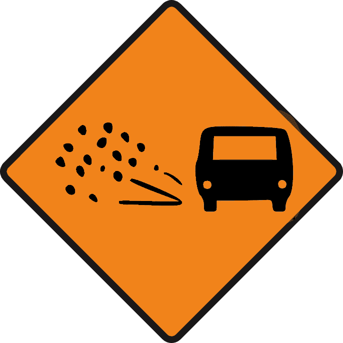 Orange diamond with a black car and scattered small black fragments beside it.