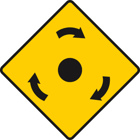 Yellow diamond with three black curved arrows circling a black central dot.