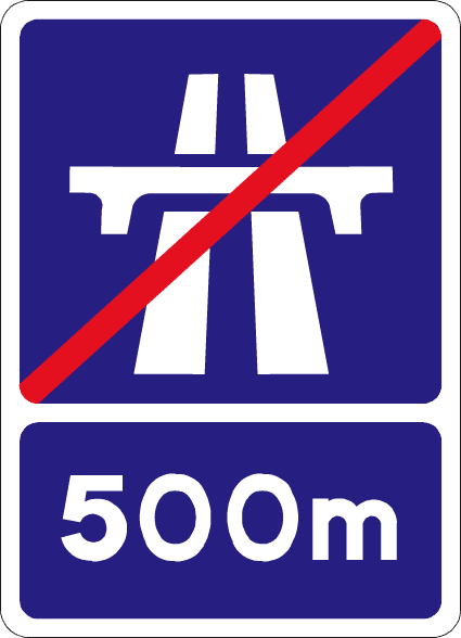 Blue sign with a white divided-road and bridge symbol crossed by a red diagonal bar; lower panel reads 500m.
