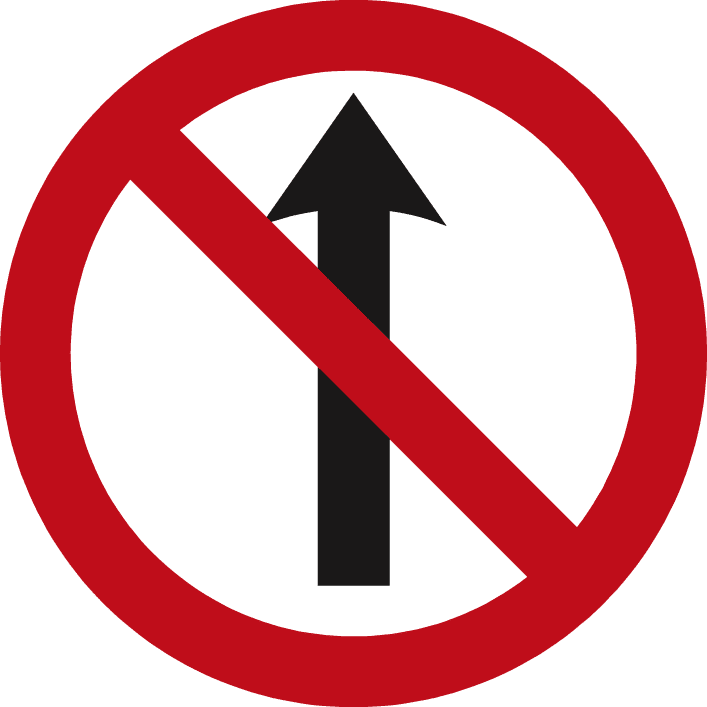 Red-bordered white circle with a red diagonal bar across a black upward arrow.