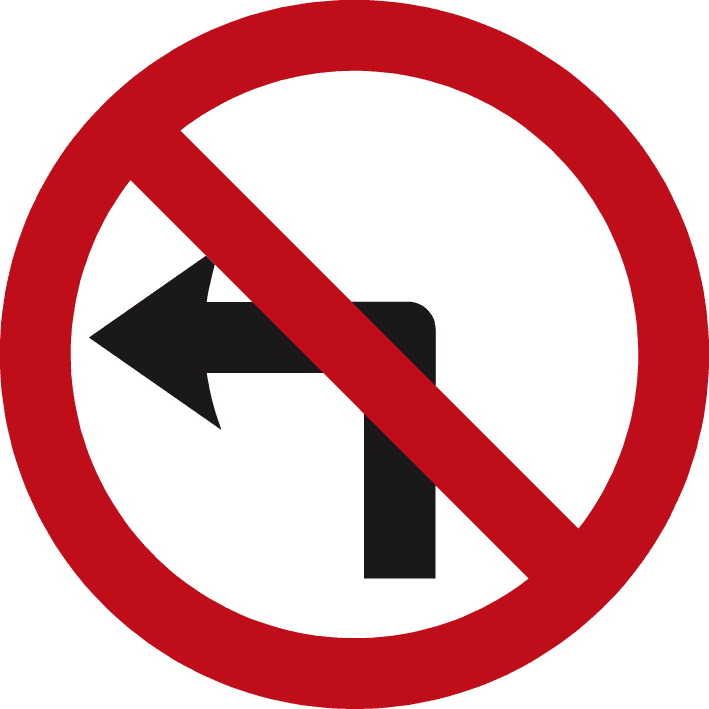 Red-bordered white circle with a red diagonal bar across a black left-turn arrow.