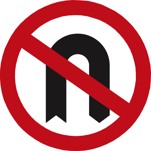 Red-bordered white circle with a red diagonal bar across a black U-shaped arrow.