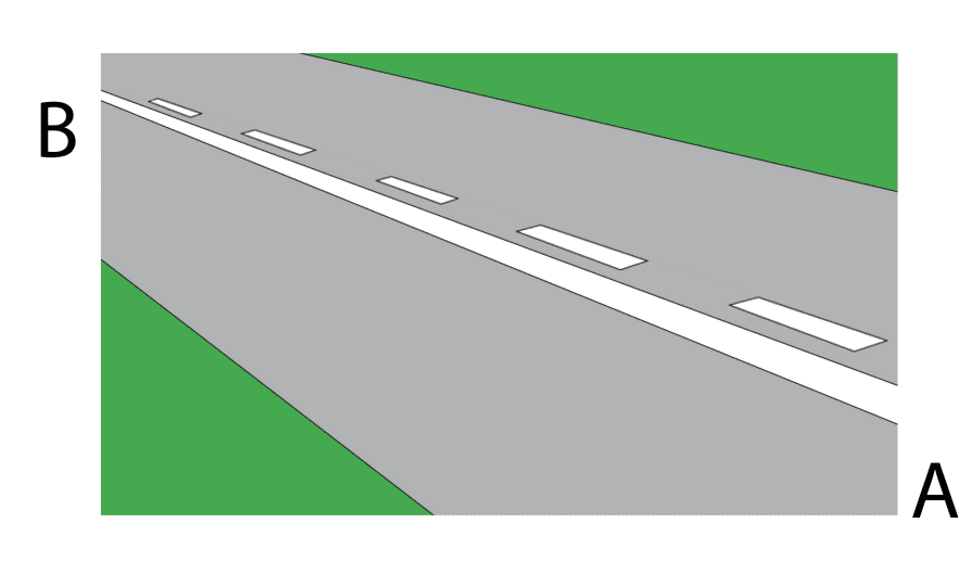 Road diagram labelled A and B, with a continuous white line nearer A and a parallel broken line nearer B.
