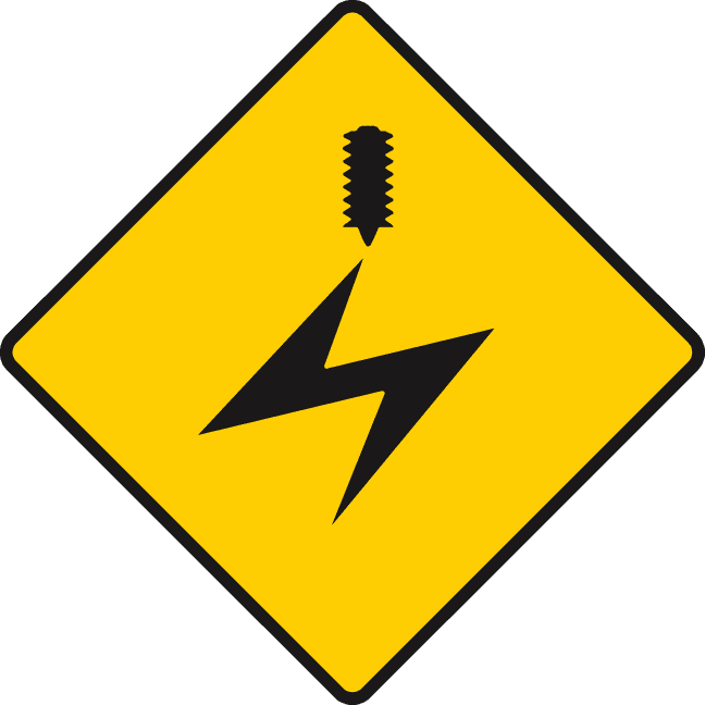 Yellow diamond containing a black lightning-bolt shape beneath a hanging insulator shape.