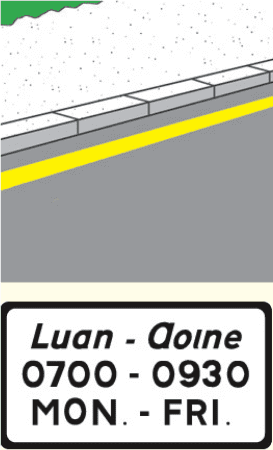 Single yellow line beside a kerb; plate below reads MON.–FRI., 0700–0930 with Irish wording.