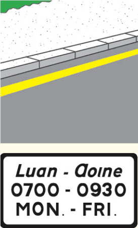 Single yellow line beside a kerb; plate below reads MON.–FRI., 0700–0930 with Irish wording.