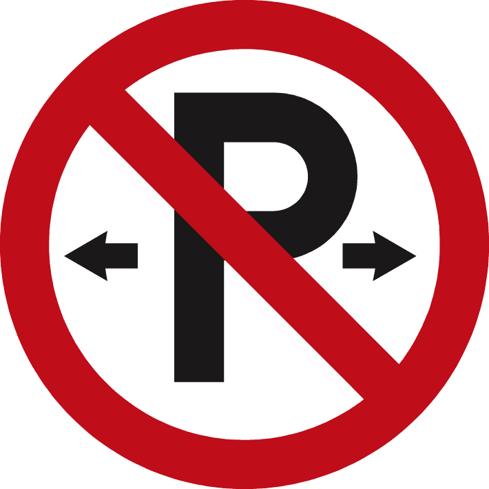 Red-bordered white circle with a red diagonal bar across P and small arrows pointing left and right.
