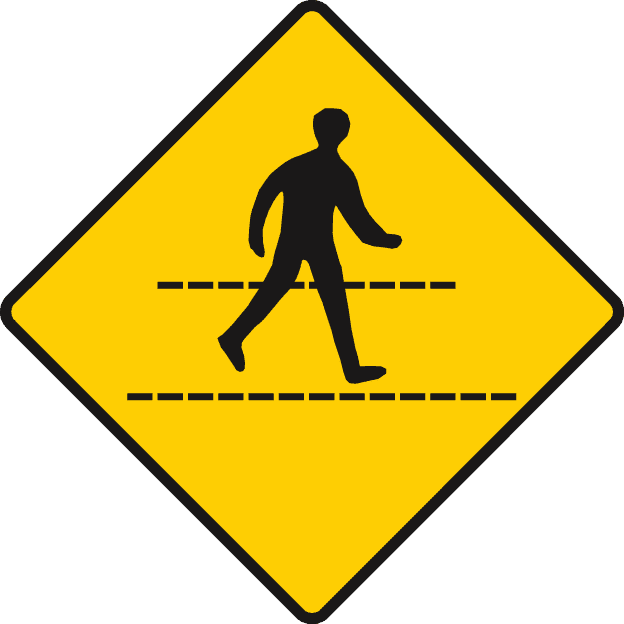 Yellow diamond containing a walking person over two horizontal dashed lines.