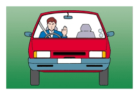 Front view of a red car with the driver holding one hand upright near the center of the windscreen.
