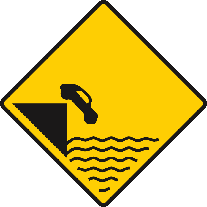Yellow diamond showing a black car tilted over an edge above wavy water lines.