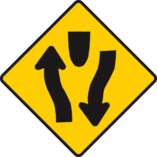 Yellow diamond with upward and downward black arrows bending around a central black shape.