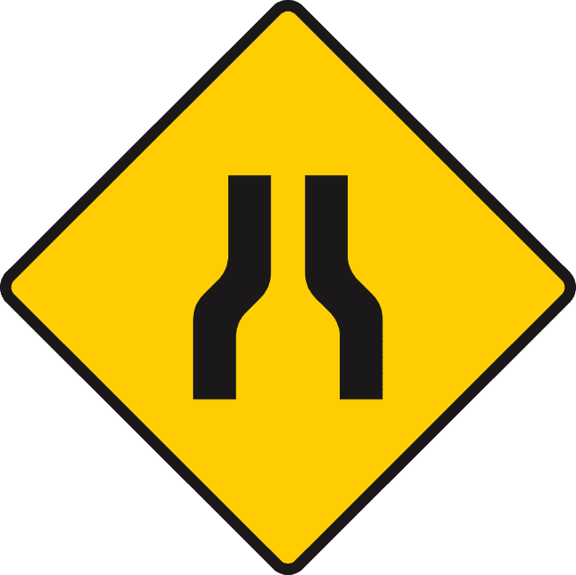 Yellow diamond with two black vertical lines bending inward toward each other.