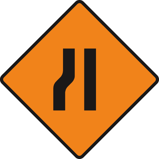 Orange diamond with two black vertical lines; the left line bends inward and the right remains straight.