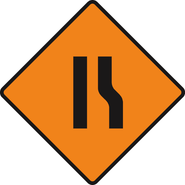 Orange diamond with two black vertical lines; the right line bends inward and the left remains straight.