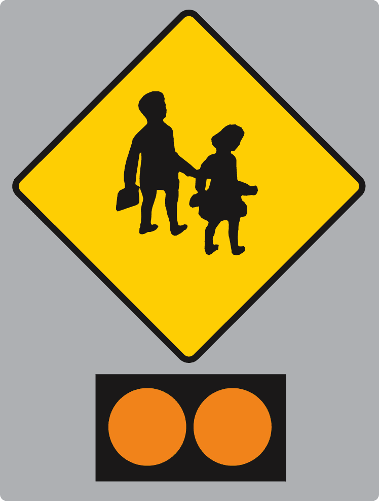 Yellow diamond showing two children carrying bags; a black panel below contains two orange circles.