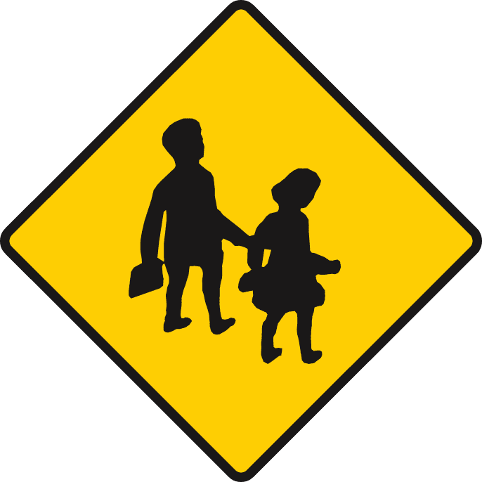 Yellow diamond showing two children carrying bags.