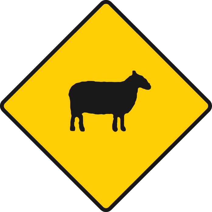 Yellow diamond containing a black sheep silhouette.